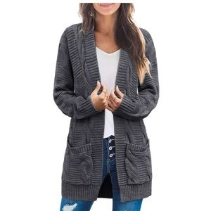 Merokeety gray cable button front cardigan with front pockets.
